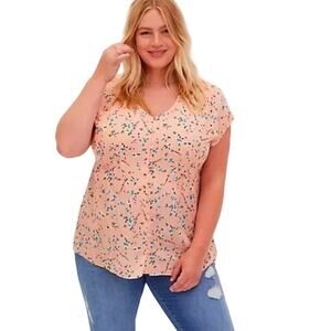 Peach Top Torrid 1X Pintuck Pleat Blouse Button Front Floral V-Neck Dolman NEW